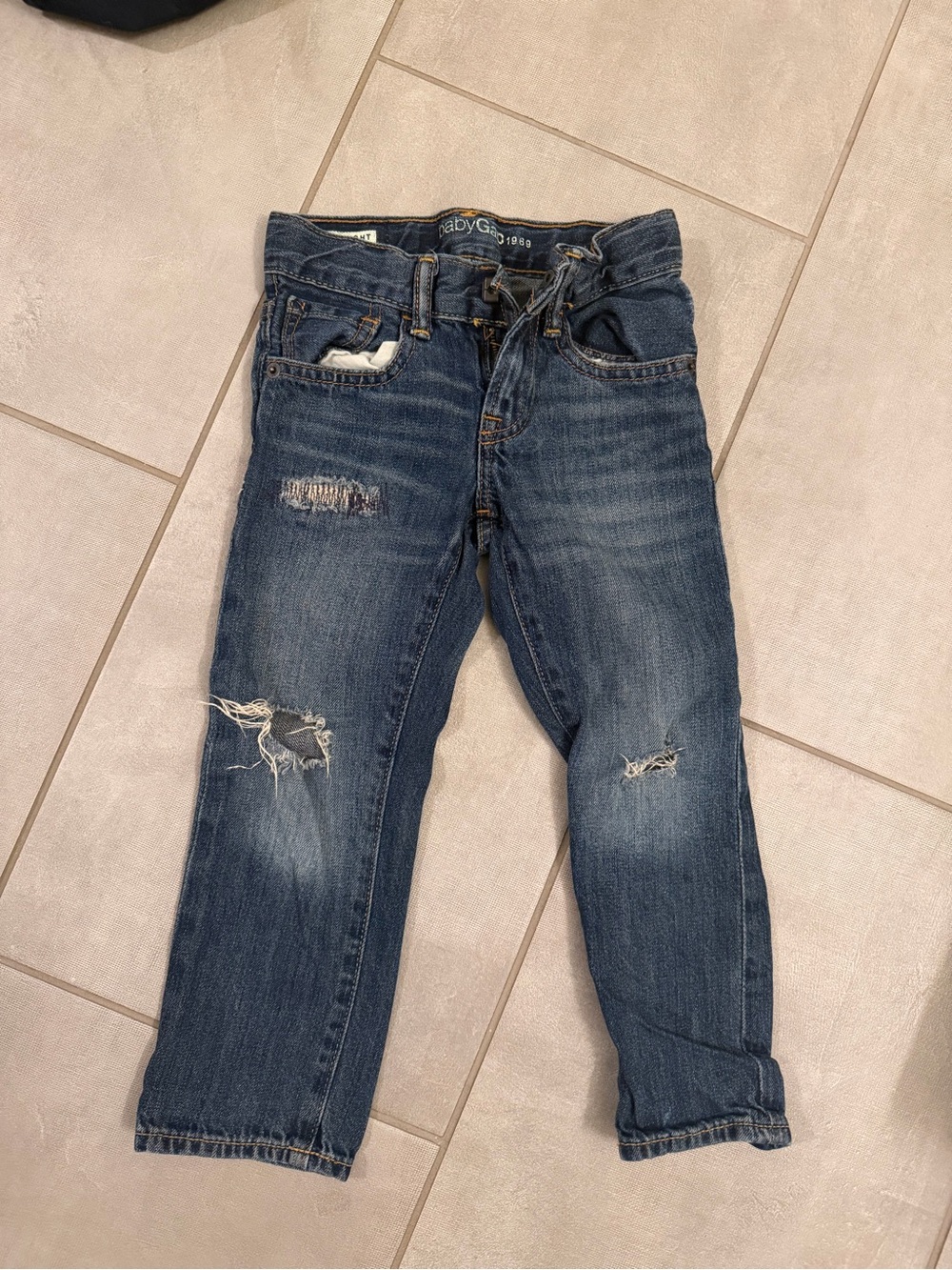 Gap 1969 Boys Straight Distressed Ripped Jeans Size 4 Adjustable Waist Denim